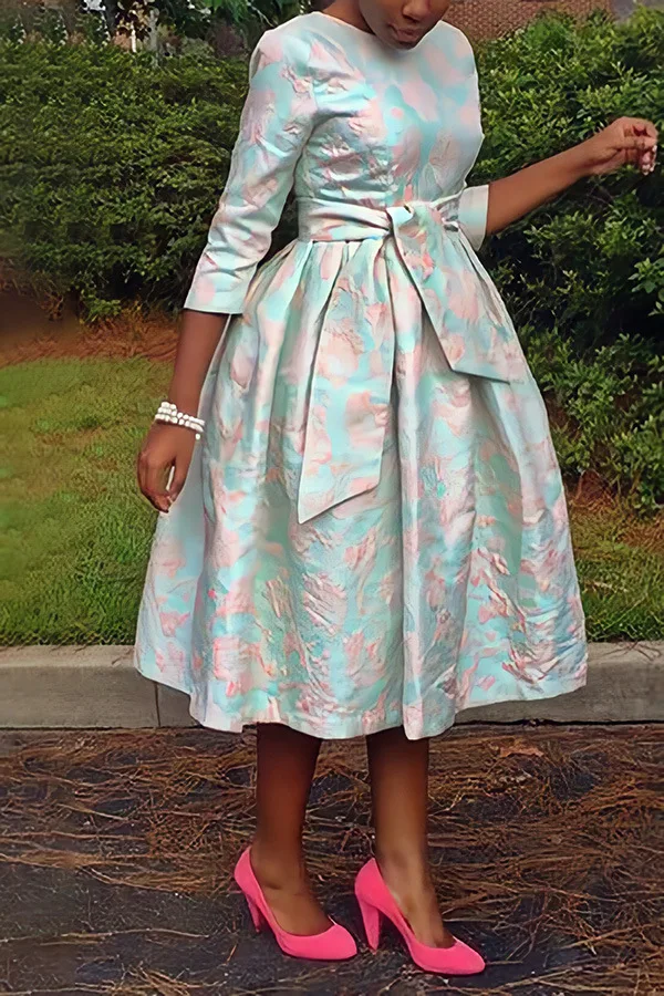 CM.YAYA Women Jacquard O-neck Short Sleeve High Waist with Sashes Big Swing Retro 70's Dress 2023 Vestidos Sexy Party Dresses