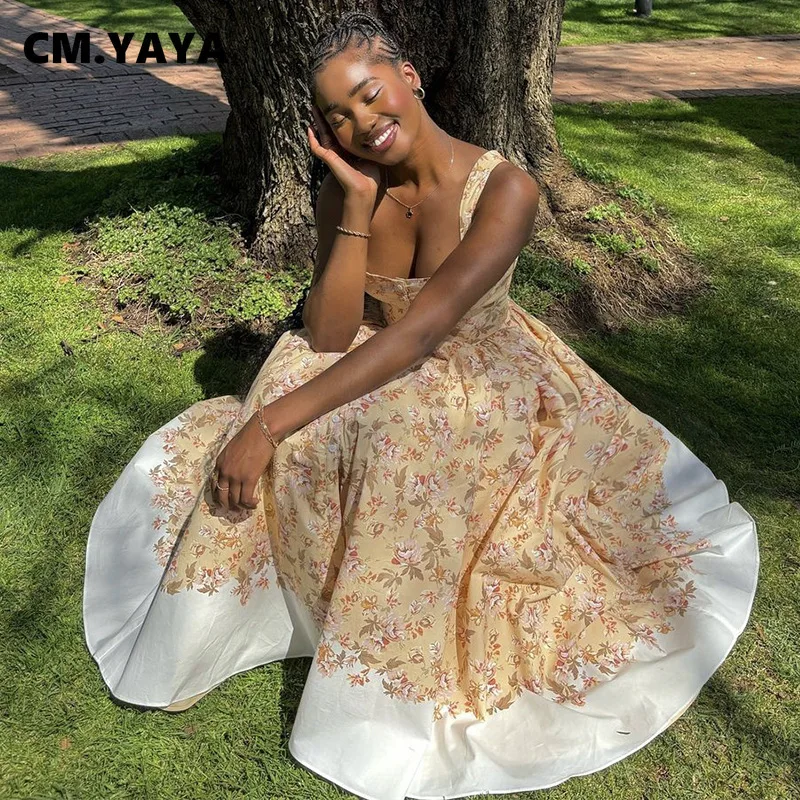 CM.YAYA Women Sleeveless Strap Floral Print Sweet Long Maxi Dress Holiday Beach Evening Sexy Girl Party Pleated Dresses Vestidos