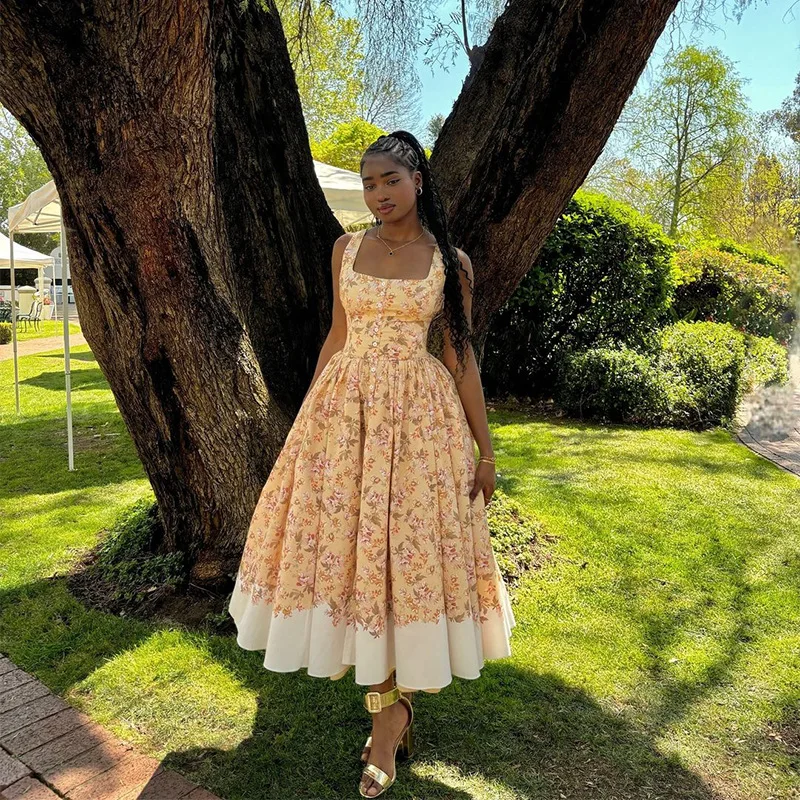 CM.YAYA Women Sleeveless Strap Floral Print Sweet Long Maxi Dress Holiday Beach Evening Sexy Girl Party Pleated Dresses Vestidos