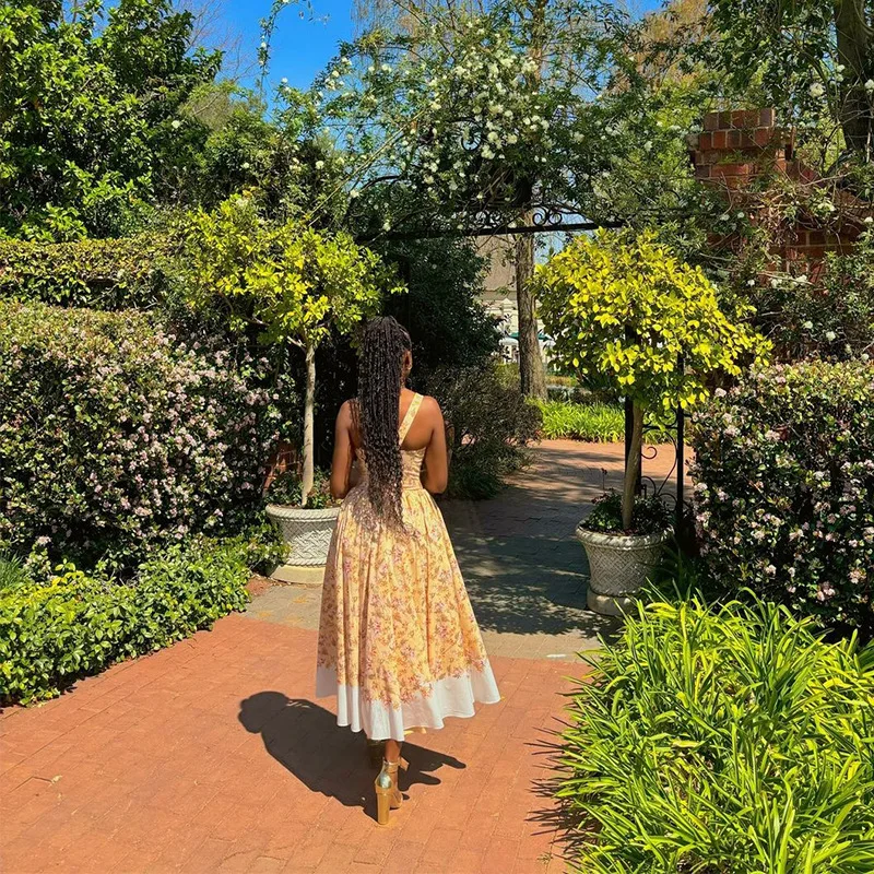 CM.YAYA Women Sleeveless Strap Floral Print Sweet Long Maxi Dress Holiday Beach Evening Sexy Girl Party Pleated Dresses Vestidos