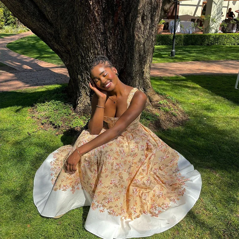 CM.YAYA Women Sleeveless Strap Floral Print Sweet Long Maxi Dress Holiday Beach Evening Sexy Girl Party Pleated Dresses Vestidos