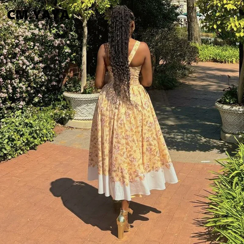CM.YAYA Women Sleeveless Strap Floral Print Sweet Long Maxi Dress Holiday Beach Evening Sexy Girl Party Pleated Dresses Vestidos