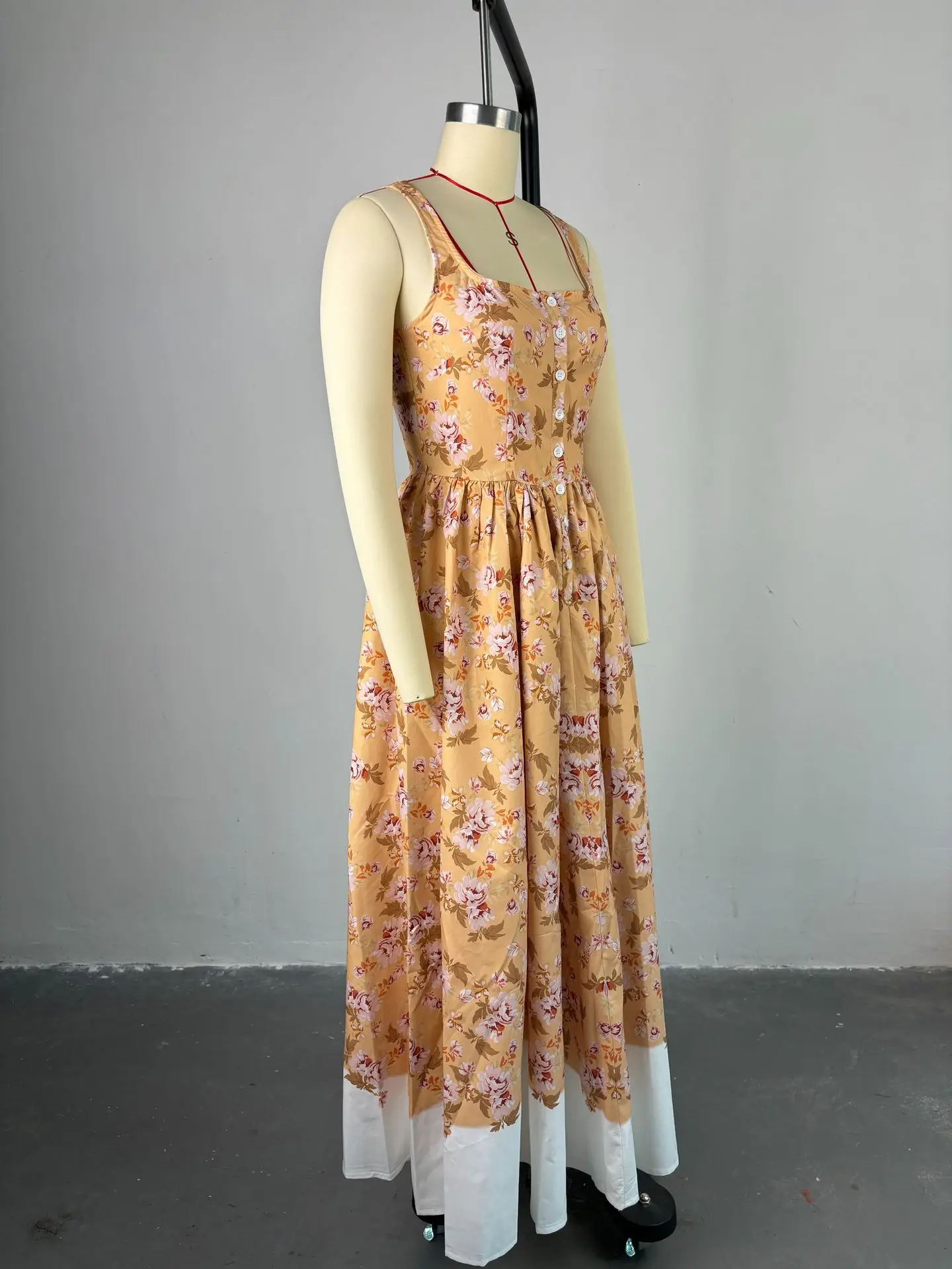 CM.YAYA Women Sleeveless Strap Floral Print Sweet Long Maxi Dress Holiday Beach Evening Sexy Girl Party Pleated Dresses Vestidos