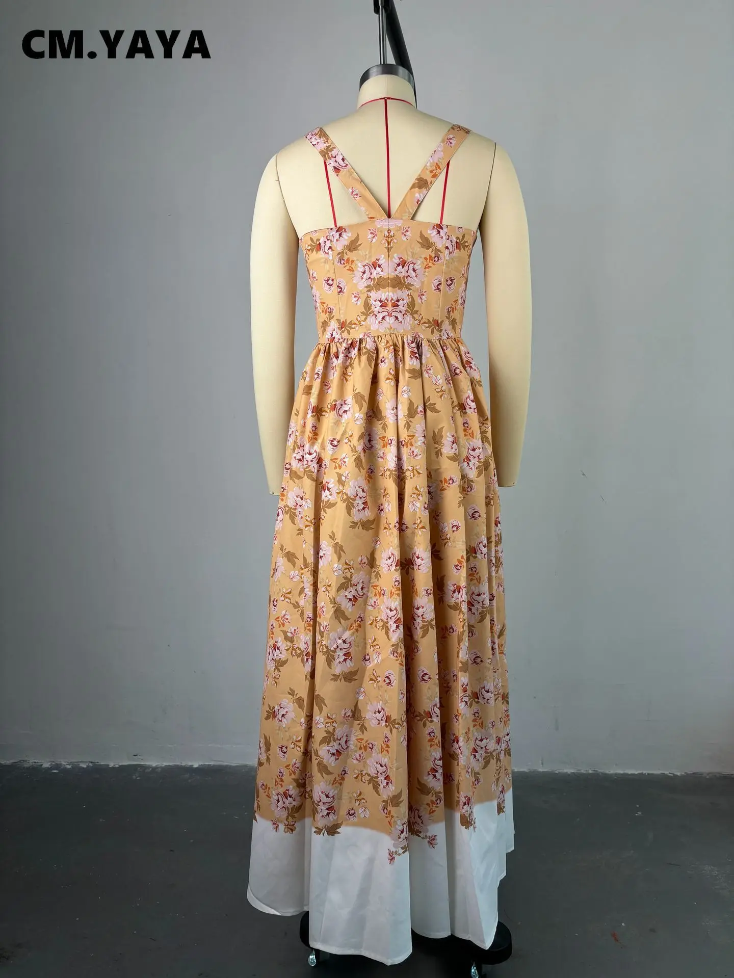 CM.YAYA Women Sleeveless Strap Floral Print Sweet Long Maxi Dress Holiday Beach Evening Sexy Girl Party Pleated Dresses Vestidos