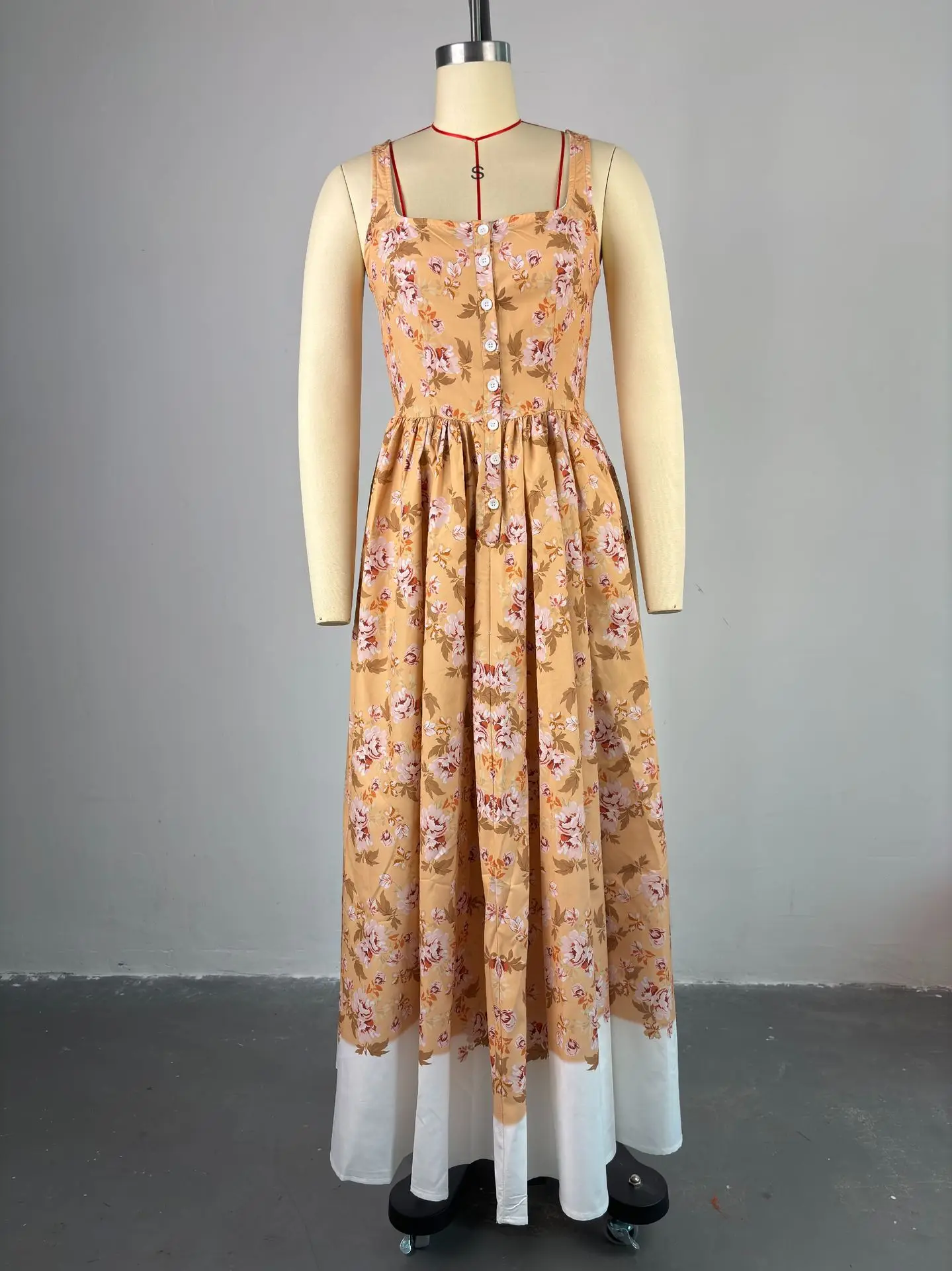 CM.YAYA Women Sleeveless Strap Floral Print Sweet Long Maxi Dress Holiday Beach Evening Sexy Girl Party Pleated Dresses Vestidos