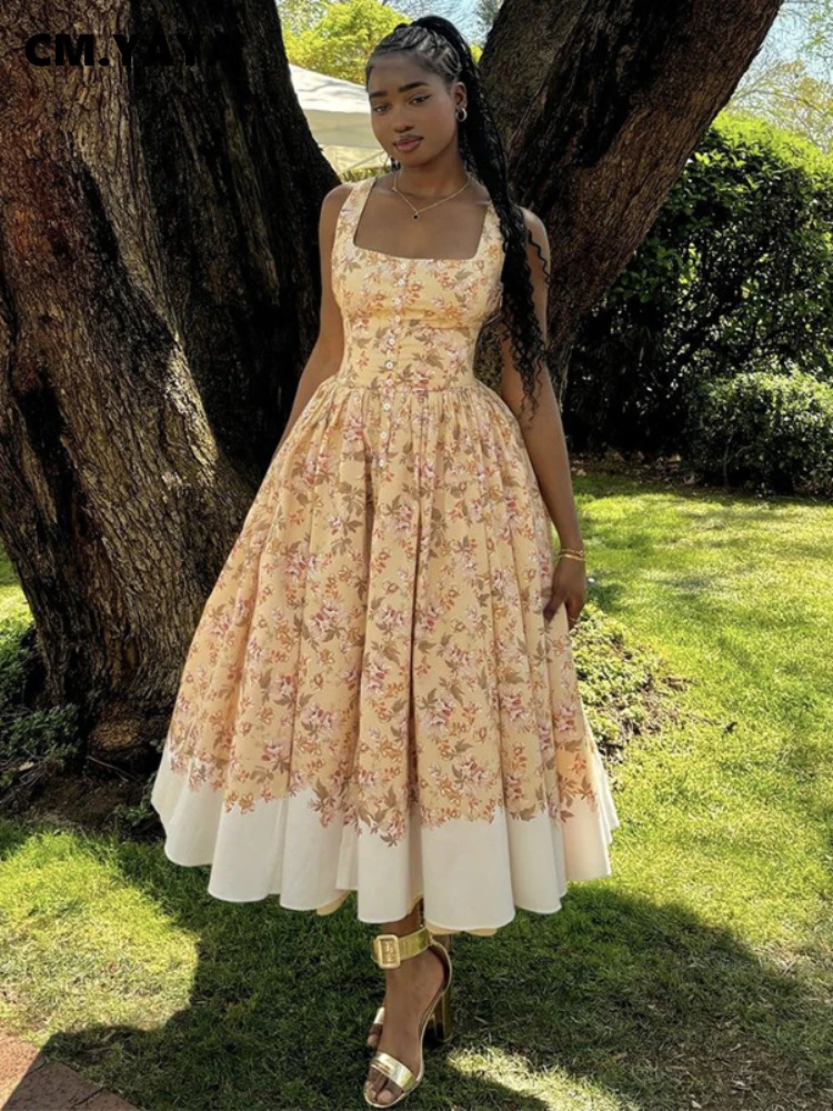 CM.YAYA Women Sleeveless Strap Floral Print Sweet Long Maxi Dress Holiday Beach Evening Sexy Girl Party Pleated Dresses Vestidos