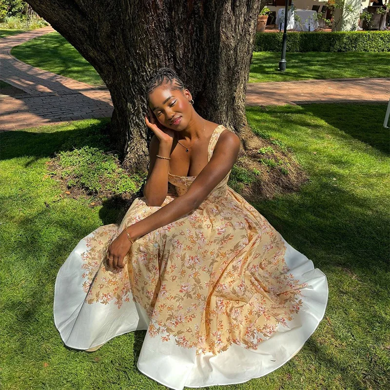 CM.YAYA Women Sleeveless Strap Floral Print Sweet Long Maxi Dress Holiday Beach Evening Sexy Girl Party Pleated Dresses Vestidos