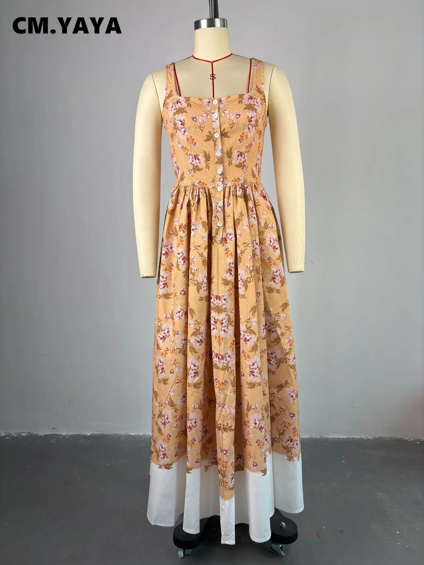 CM.YAYA Women Sleeveless Strap Floral Print Sweet Long Maxi Dress Holiday Beach Evening Sexy Girl Party Pleated Dresses Vestidos