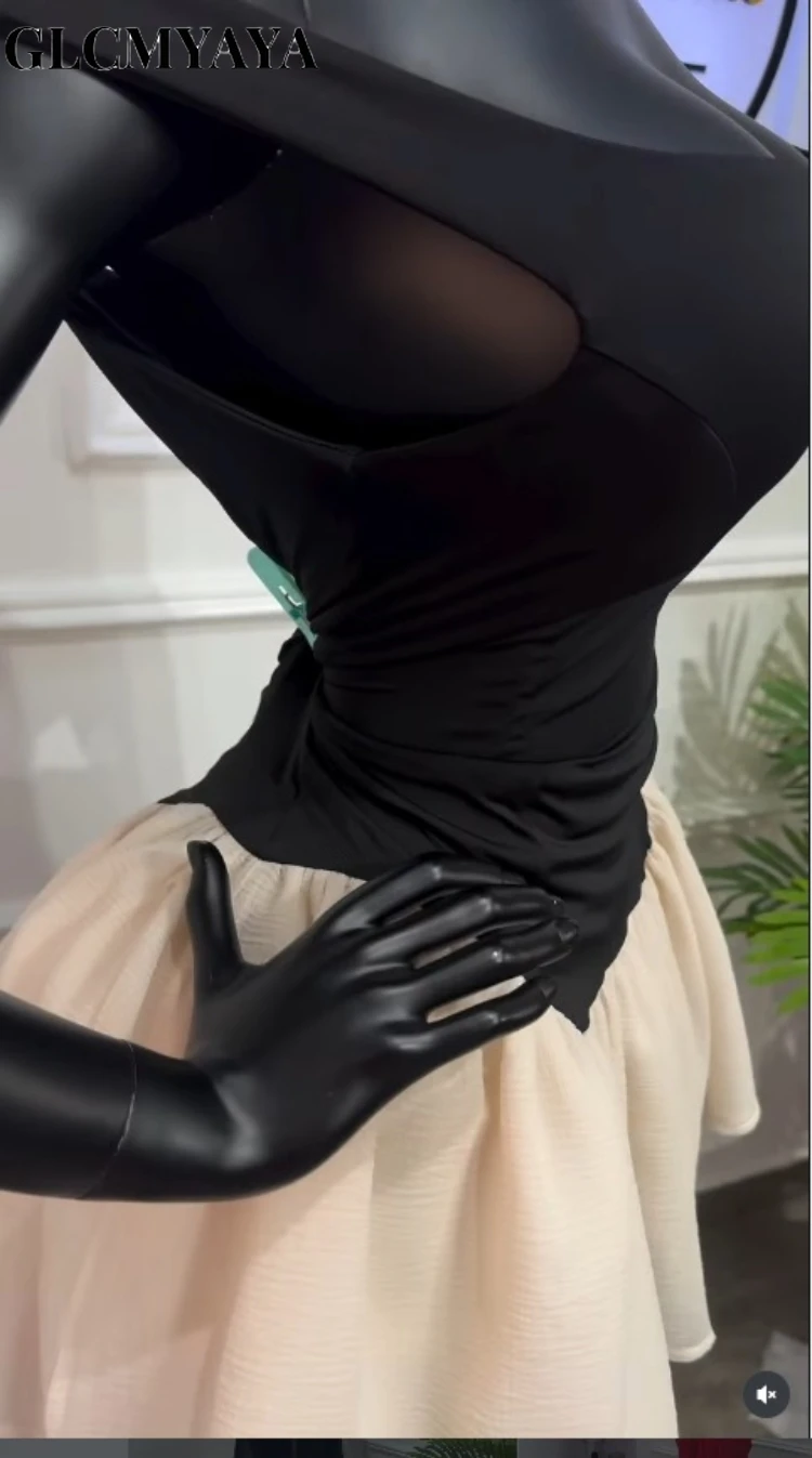 CM.YAYA Women Patchwork Ruffles Hem A-line Bodysuit Style Mini Dress 2026 Street Beach Party Education Holiday Dresses Vestidos