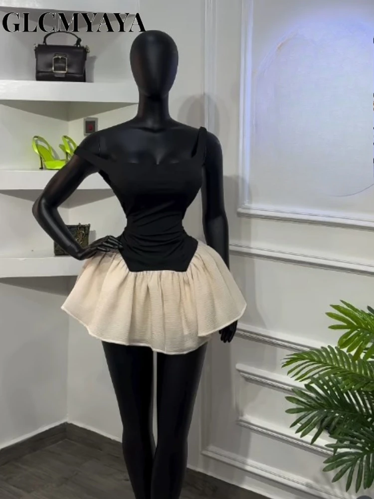 CM.YAYA Women Patchwork Ruffles Hem A-line Bodysuit Style Mini Dress 2026 Street Beach Party Education Holiday Dresses Vestidos