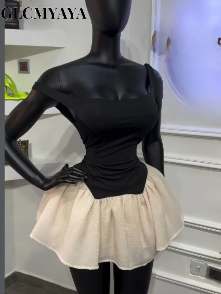 CM.YAYA Women Patchwork Ruffles Hem A-line Bodysuit Style Mini Dress 2026 Street Beach Party Education Holiday Dresses Vestidos