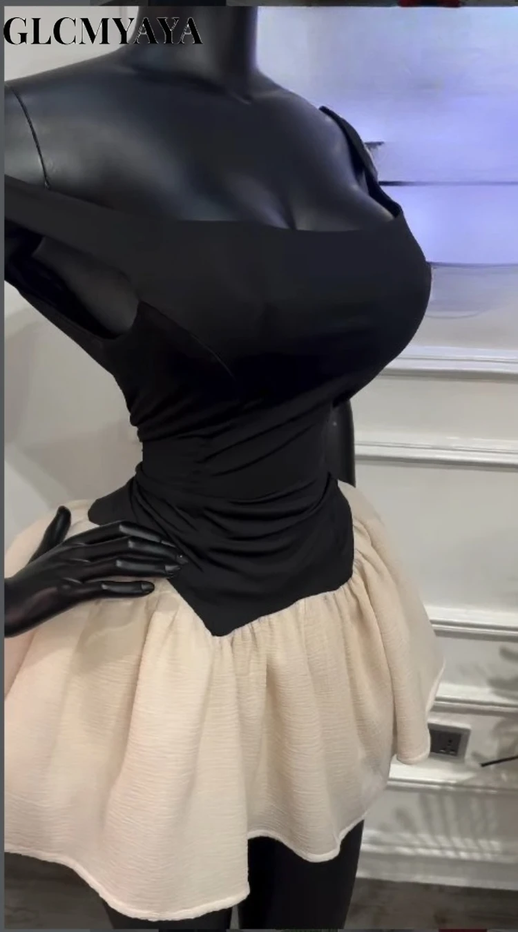 CM.YAYA Women Patchwork Ruffles Hem A-line Bodysuit Style Mini Dress 2026 Street Beach Party Education Holiday Dresses Vestidos