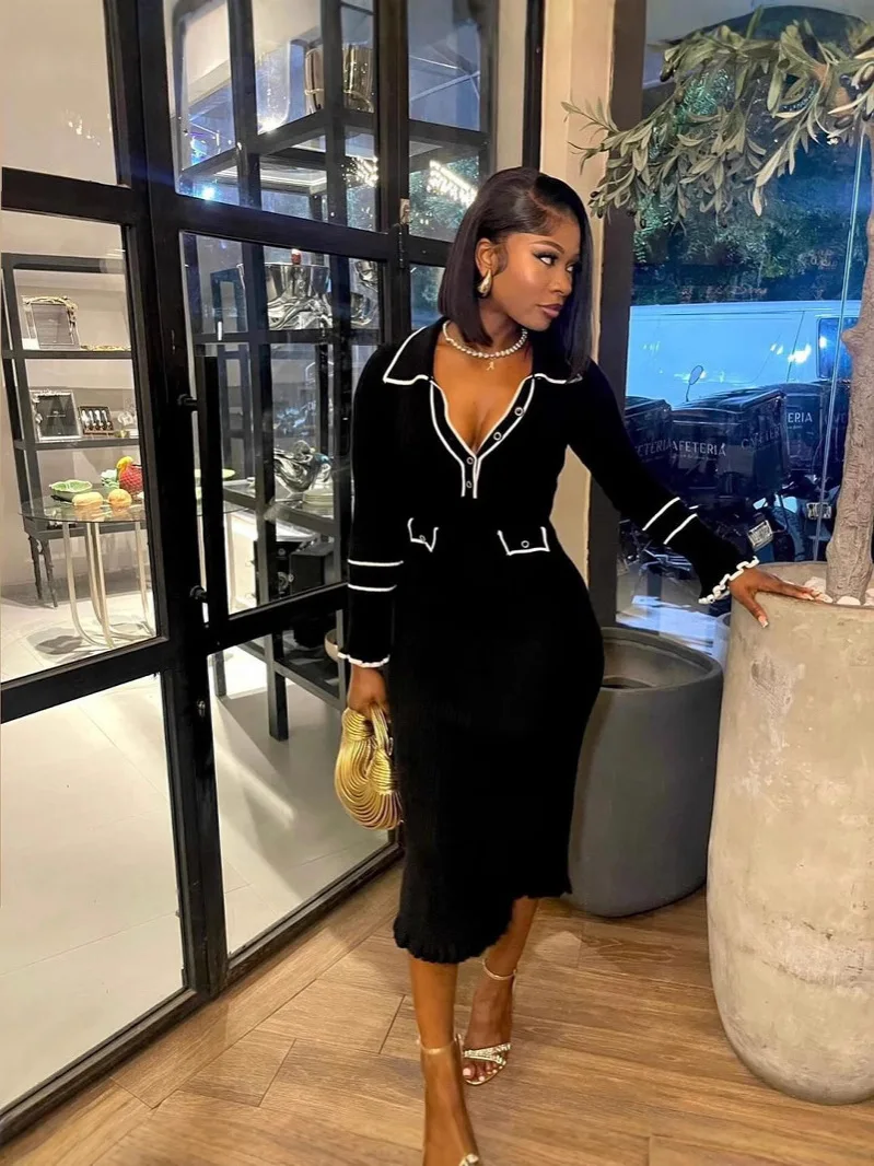 CM.YAYA Women Long Sleeve Knitted Bodycon Midi Dress 2024 Fall Winter Evening Sexy Party Club Dresses Elegant Fashion Vestidos