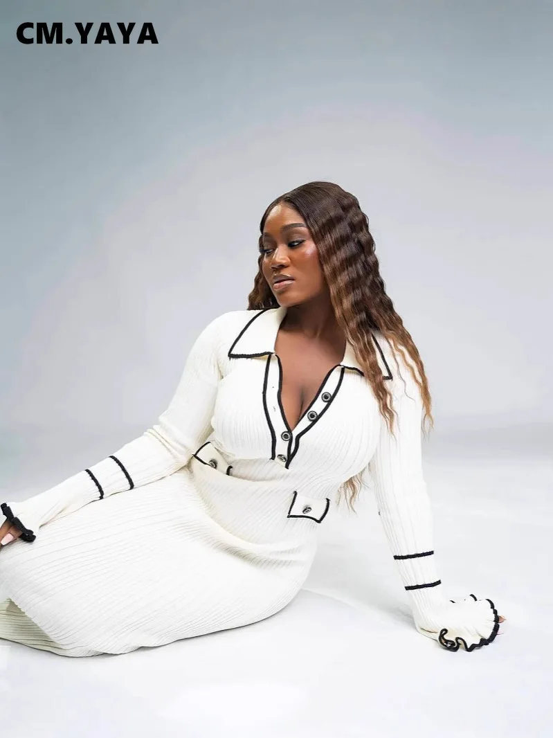 CM.YAYA Women Long Sleeve Knitted Bodycon Midi Dress 2024 Fall Winter Evening Sexy Party Club Dresses Elegant Fashion Vestidos