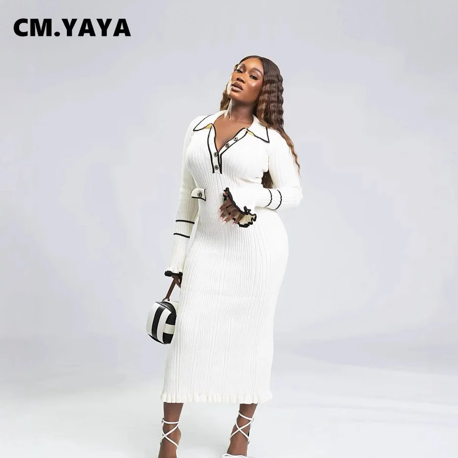 CM.YAYA Women Long Sleeve Knitted Bodycon Midi Dress 2024 Fall Winter Evening Sexy Party Club Dresses Elegant Fashion Vestidos