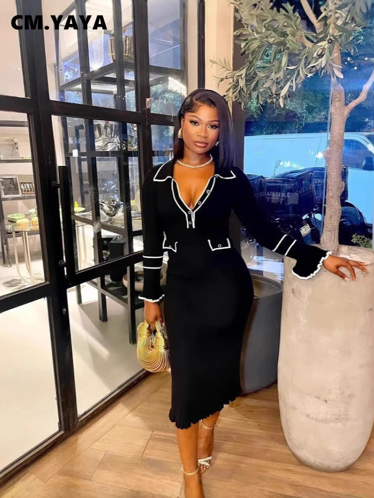 CM.YAYA Women Long Sleeve Knitted Bodycon Midi Dress 2024 Fall Winter Evening Sexy Party Club Dresses Elegant Fashion Vestidos