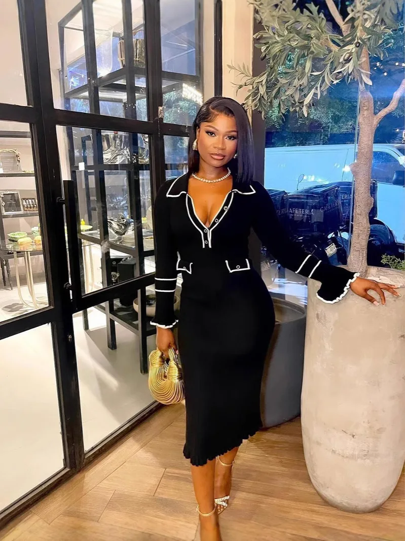 CM.YAYA Women Long Sleeve Knitted Bodycon Midi Dress 2024 Fall Winter Evening Sexy Party Club Dresses Elegant Fashion Vestidos