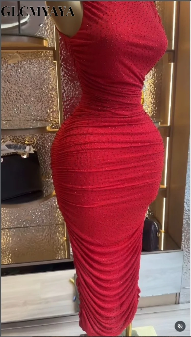 CM.YAYA Women Diamonds Hot Rhinestones Sleeveless Stand Collar Stacked Midi Bodycon Maxi 2026 Holiday Party Trendy Long Dresses