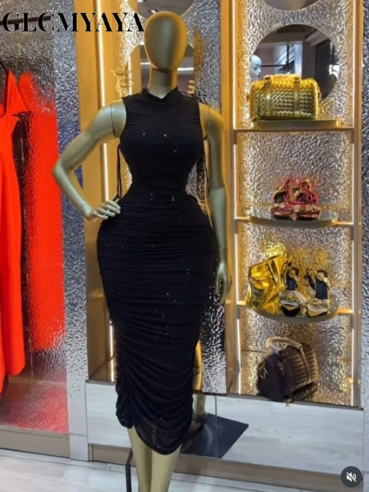 CM.YAYA Women Diamonds Hot Rhinestones Sleeveless Stand Collar Stacked Midi Bodycon Maxi 2026 Holiday Party Trendy Long Dresses