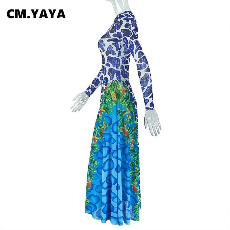 CM.YAYA Women 3D Printed O-neck A-line Mesh Long Sleeve Maxi Long Dress 2025 Summer Fashion Birthday Vacation Sexy Party Dresses