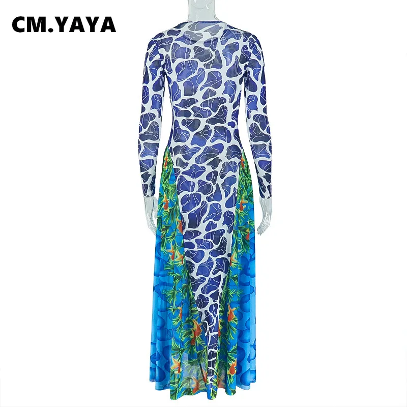 CM.YAYA Women 3D Printed O-neck A-line Mesh Long Sleeve Maxi Long Dress 2025 Summer Fashion Birthday Vacation Sexy Party Dresses CM.YAYA Women 3D Printed O-neck A-line Mesh Long Sleeve Maxi Long Dress 2025 Summer Fashion Birthday Vacation Sexy Party Dresses