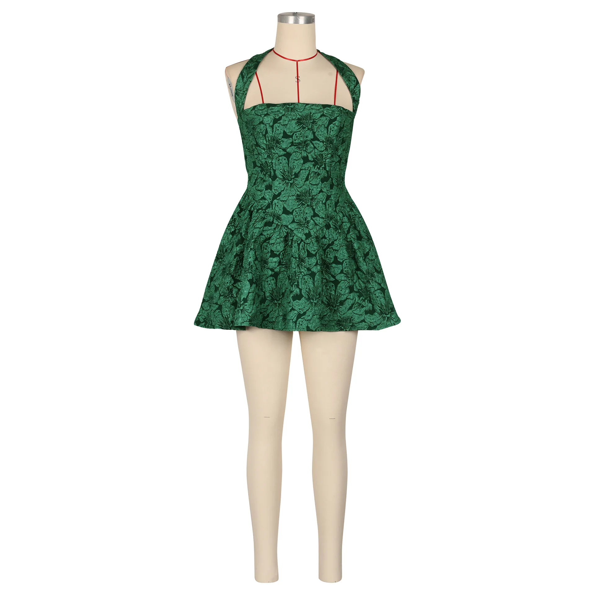 CM.YAYA 2025 Women Strapless Halter Sleeveless Floral Mini Pleated Dress Slim Sexy Lady Street Evening Night Club Party Dresses