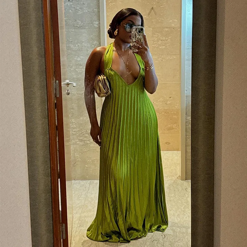 CM.YAYA 2024 Summer Sleeveless V-Neck Halter Floor-Length Long Women Dress Pleated Party Evening Beach Streetwear Maxi Dresses