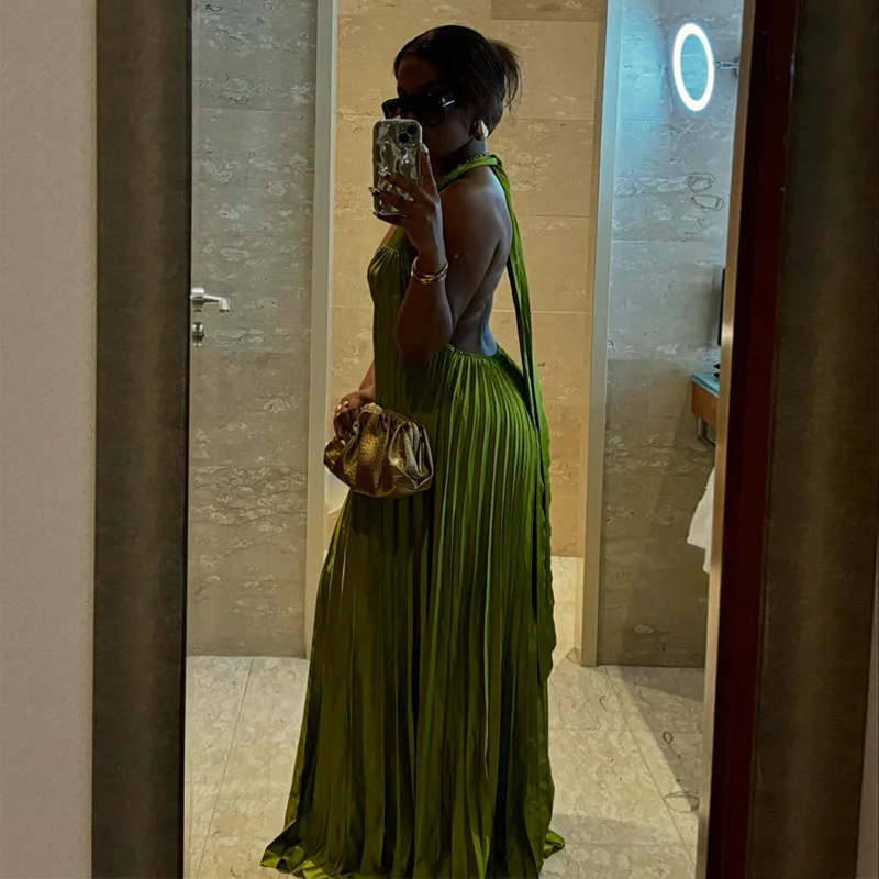 CM.YAYA 2024 Summer Sleeveless V-Neck Halter Floor-Length Long Women Dress Pleated Party Evening Beach Streetwear Maxi Dresses