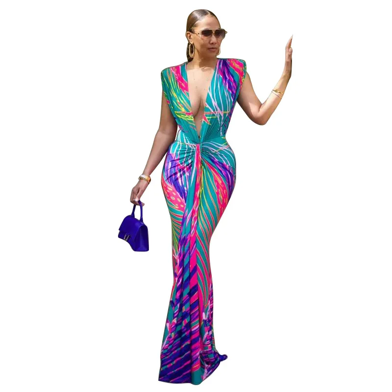 CM.YAYA Summer Holiday Sleeveless V-Neck Long Maxi Dress Street Ruched Women Gradient Print Party Night Evening Vestido Dresses