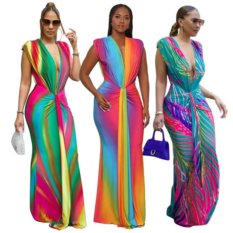 CM.YAYA Summer Holiday Sleeveless V-Neck Long Maxi Dress Street Ruched Women Gradient Print Party Night Evening Vestido Dresses