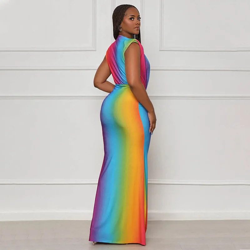 CM.YAYA Summer Holiday Sleeveless V-Neck Long Maxi Dress Street Ruched Women Gradient Print Party Night Evening Vestido Dresses