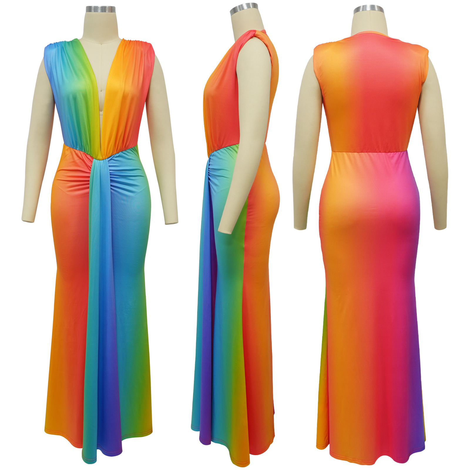 CM.YAYA Summer Holiday Sleeveless V-Neck Long Maxi Dress Street Ruched Women Gradient Print Party Night Evening Vestido Dresses