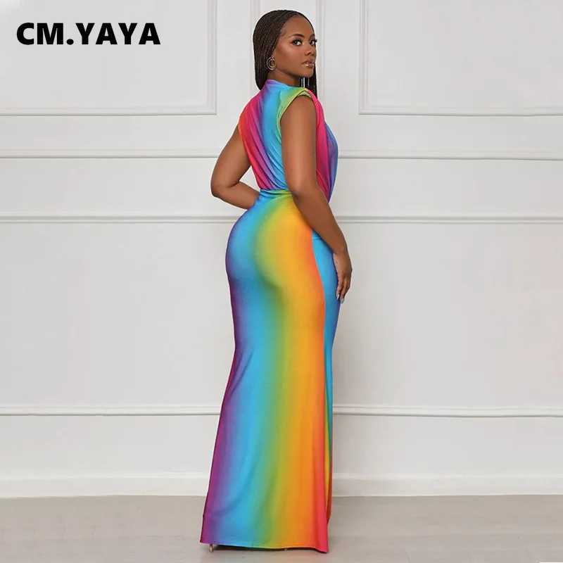 CM.YAYA Summer Holiday Sleeveless V-Neck Long Maxi Dress Street Ruched Women Gradient Print Party Night Evening Vestido Dresses