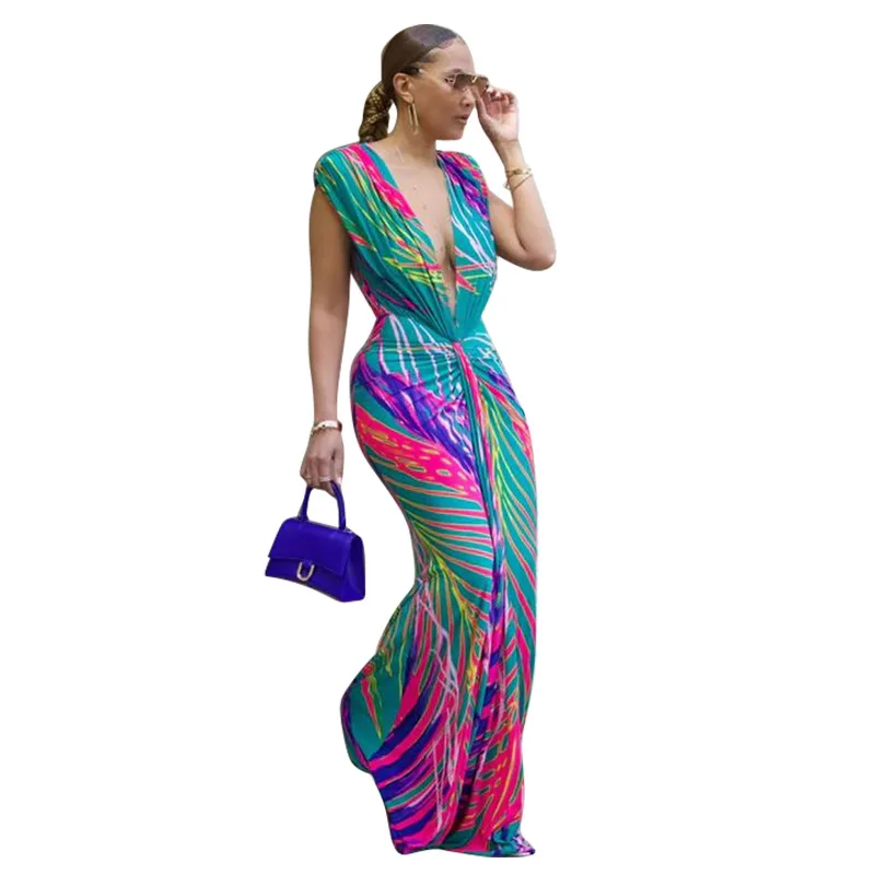 CM.YAYA Summer Holiday Sleeveless V-Neck Long Maxi Dress Street Ruched Women Gradient Print Party Night Evening Vestido Dresses