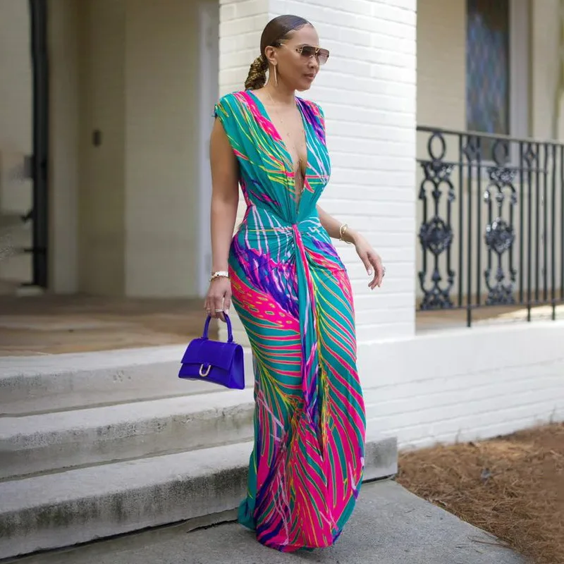 CM.YAYA Summer Holiday Sleeveless V-Neck Long Maxi Dress Street Ruched Women Gradient Print Party Night Evening Vestido Dresses