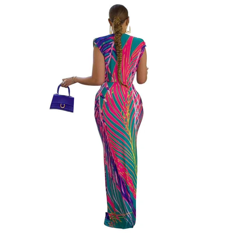 CM.YAYA Summer Holiday Sleeveless V-Neck Long Maxi Dress Street Ruched Women Gradient Print Party Night Evening Vestido Dresses