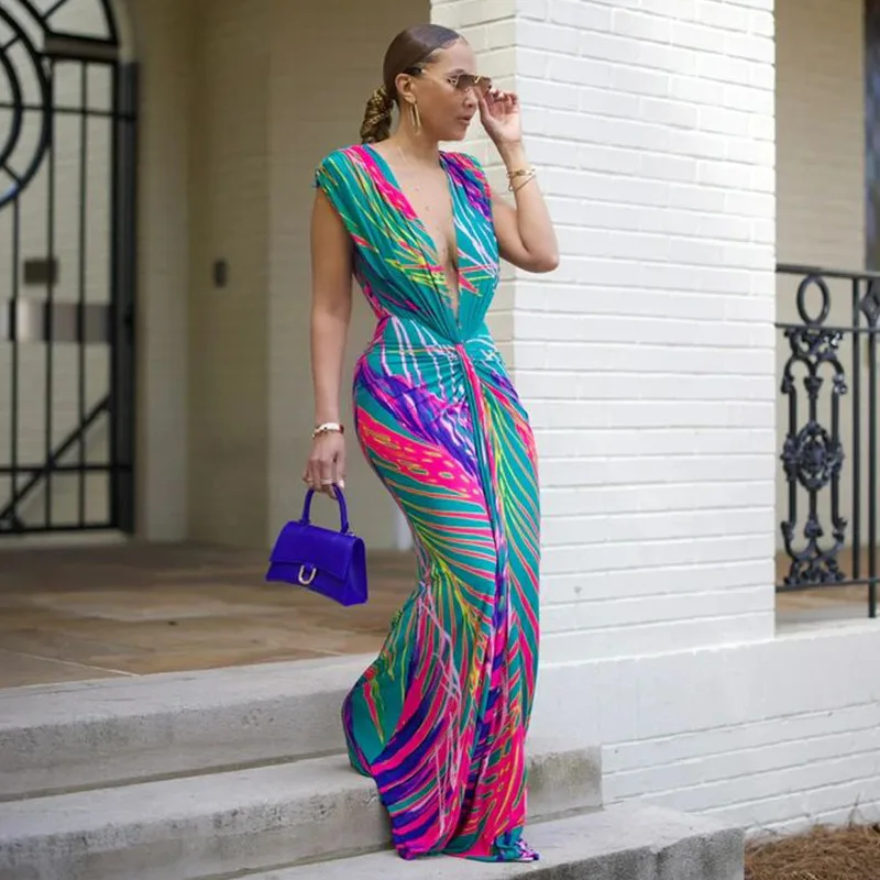 CM.YAYA Summer Holiday Sleeveless V-Neck Long Maxi Dress Street Ruched Women Gradient Print Party Night Evening Vestido Dresses