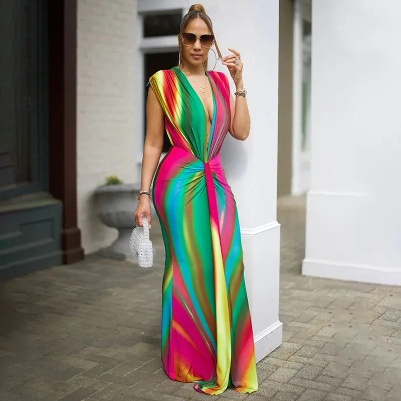 CM.YAYA Summer Holiday Sleeveless V-Neck Long Maxi Dress Street Ruched Women Gradient Print Party Night Evening Vestido Dresses
