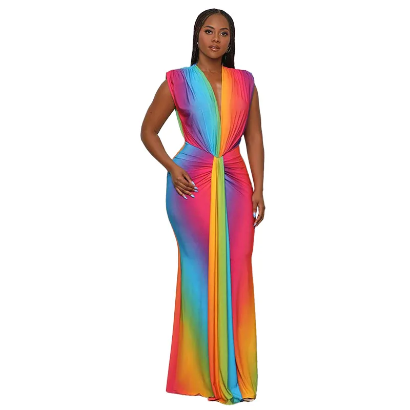 CM.YAYA Summer Holiday Sleeveless V-Neck Long Maxi Dress Street Ruched Women Gradient Print Party Night Evening Vestido Dresses