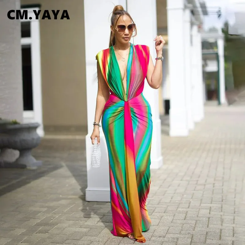 CM.YAYA Summer Holiday Sleeveless V-Neck Long Maxi Dress Street Ruched Women Gradient Print Party Night Evening Vestido Dresses