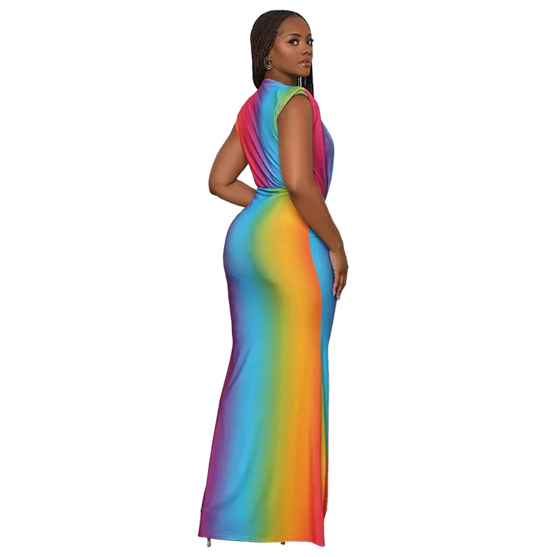 CM.YAYA Summer Holiday Sleeveless V-Neck Long Maxi Dress Street Ruched Women Gradient Print Party Night Evening Vestido Dresses