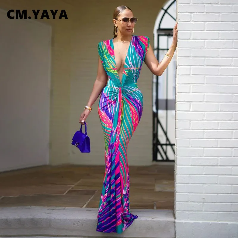 CM.YAYA Summer Holiday Sleeveless V-Neck Long Maxi Dress Street Ruched Women Gradient Print Party Night Evening Vestido Dresses
