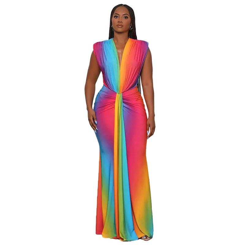 CM.YAYA Summer Holiday Sleeveless V-Neck Long Maxi Dress Street Ruched Women Gradient Print Party Night Evening Vestido Dresses