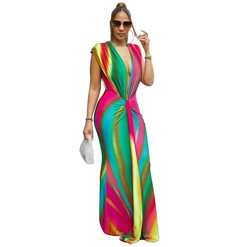 CM.YAYA Summer Holiday Sleeveless V-Neck Long Maxi Dress Street Ruched Women Gradient Print Party Night Evening Vestido Dresses