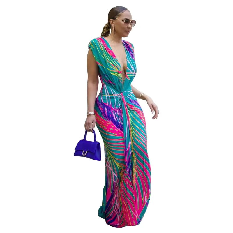 CM.YAYA Summer Holiday Sleeveless V-Neck Long Maxi Dress Street Ruched Women Gradient Print Party Night Evening Vestido Dresses