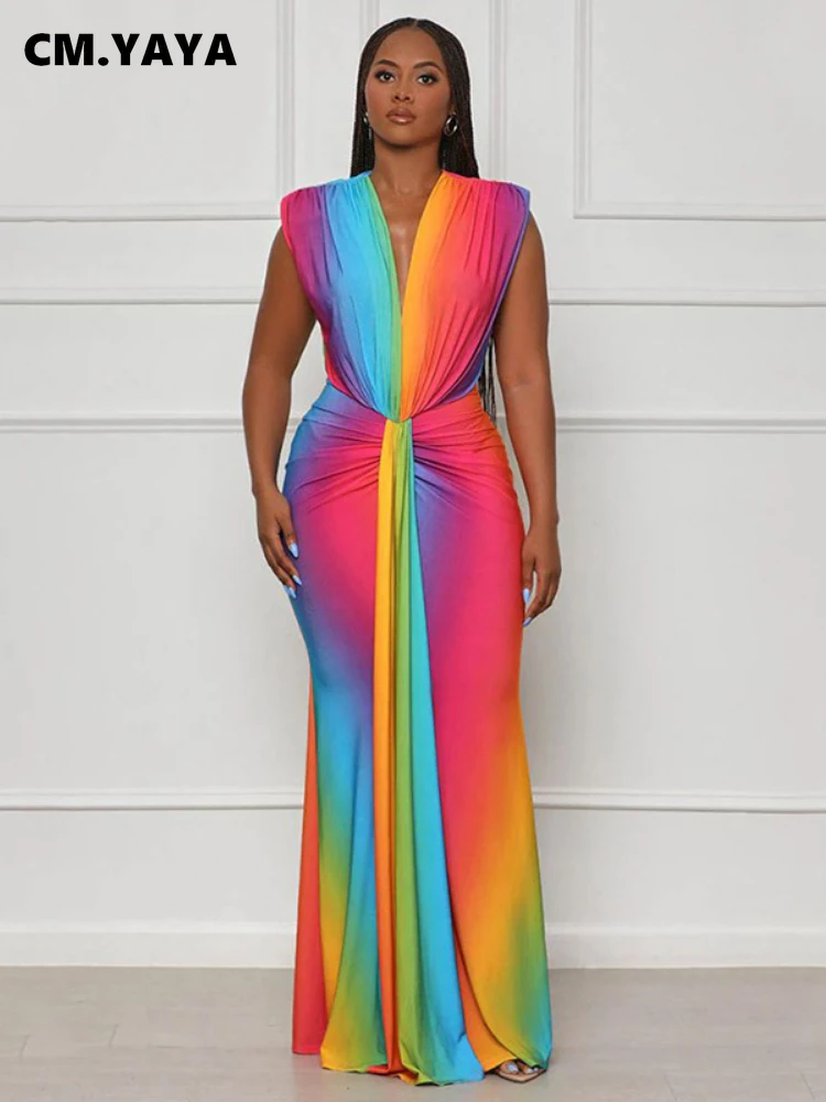 CM.YAYA Summer Holiday Sleeveless V-Neck Long Maxi Dress Street Ruched Women Gradient Print Party Night Evening Vestido Dresses