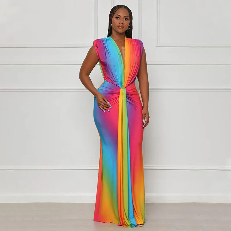 CM.YAYA Summer Holiday Sleeveless V-Neck Long Maxi Dress Street Ruched Women Gradient Print Party Night Evening Vestido Dresses