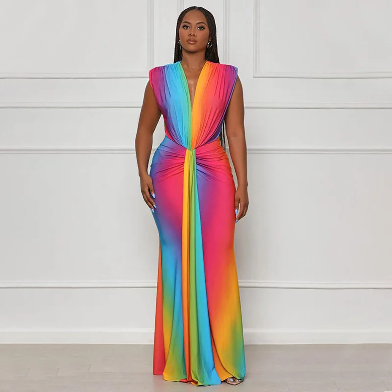 CM.YAYA Summer Holiday Sleeveless V-Neck Long Maxi Dress Street Ruched Women Gradient Print Party Night Evening Vestido Dresses