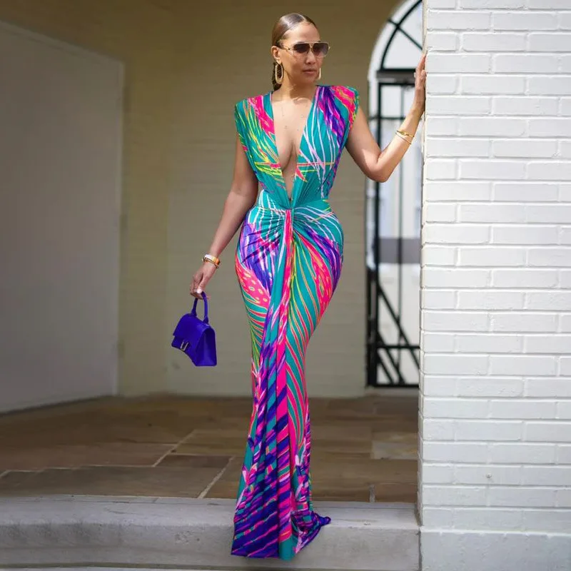 CM.YAYA Summer Holiday Sleeveless V-Neck Long Maxi Dress Street Ruched Women Gradient Print Party Night Evening Vestido Dresses