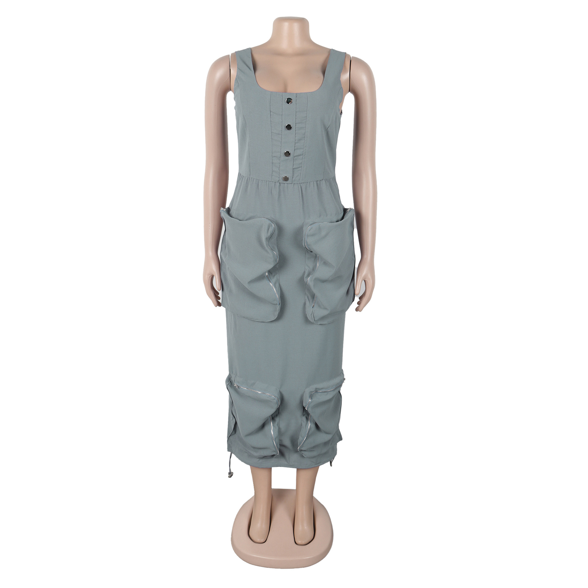 CM.YAYA 2025 Summer O-neck Mult Pockets Cargo Midi Long Dress Women Sleeveless Casual Bodycon Night Club Party Dresses Vestidos